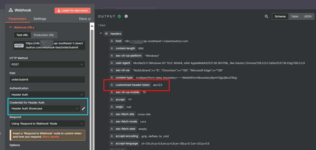Webhook node using Header Authentication.