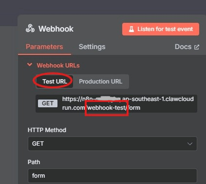 Test URL in n8n Webhook Node