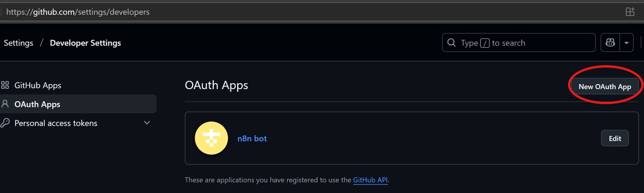 GitHub developer settings page