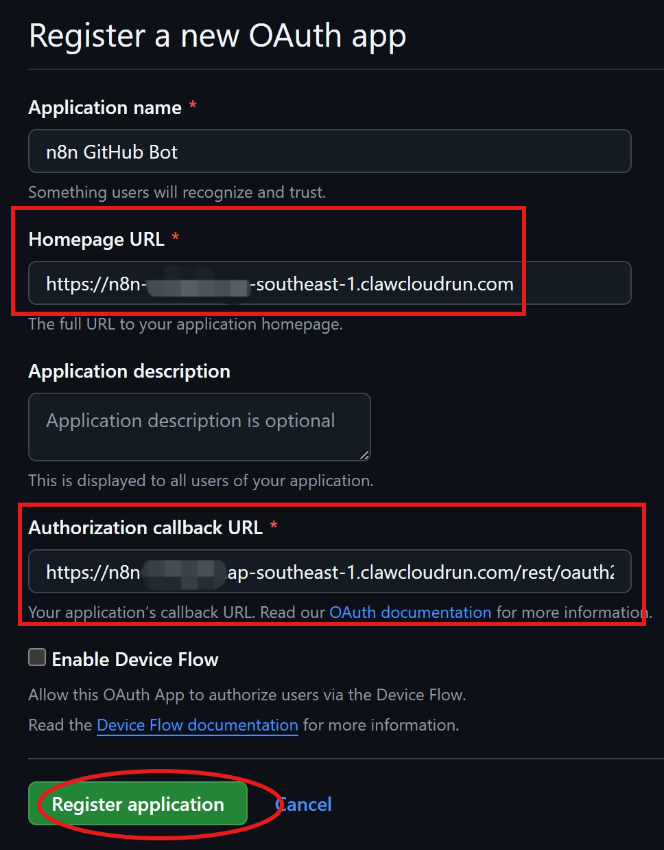 Register a new OAuth app form