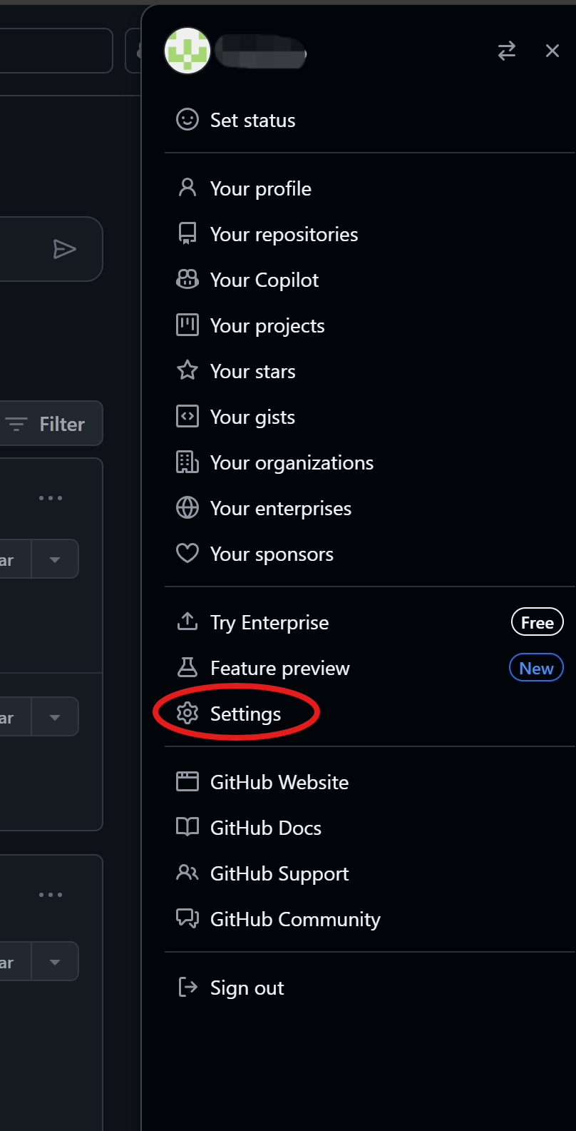 GitHub settings menu