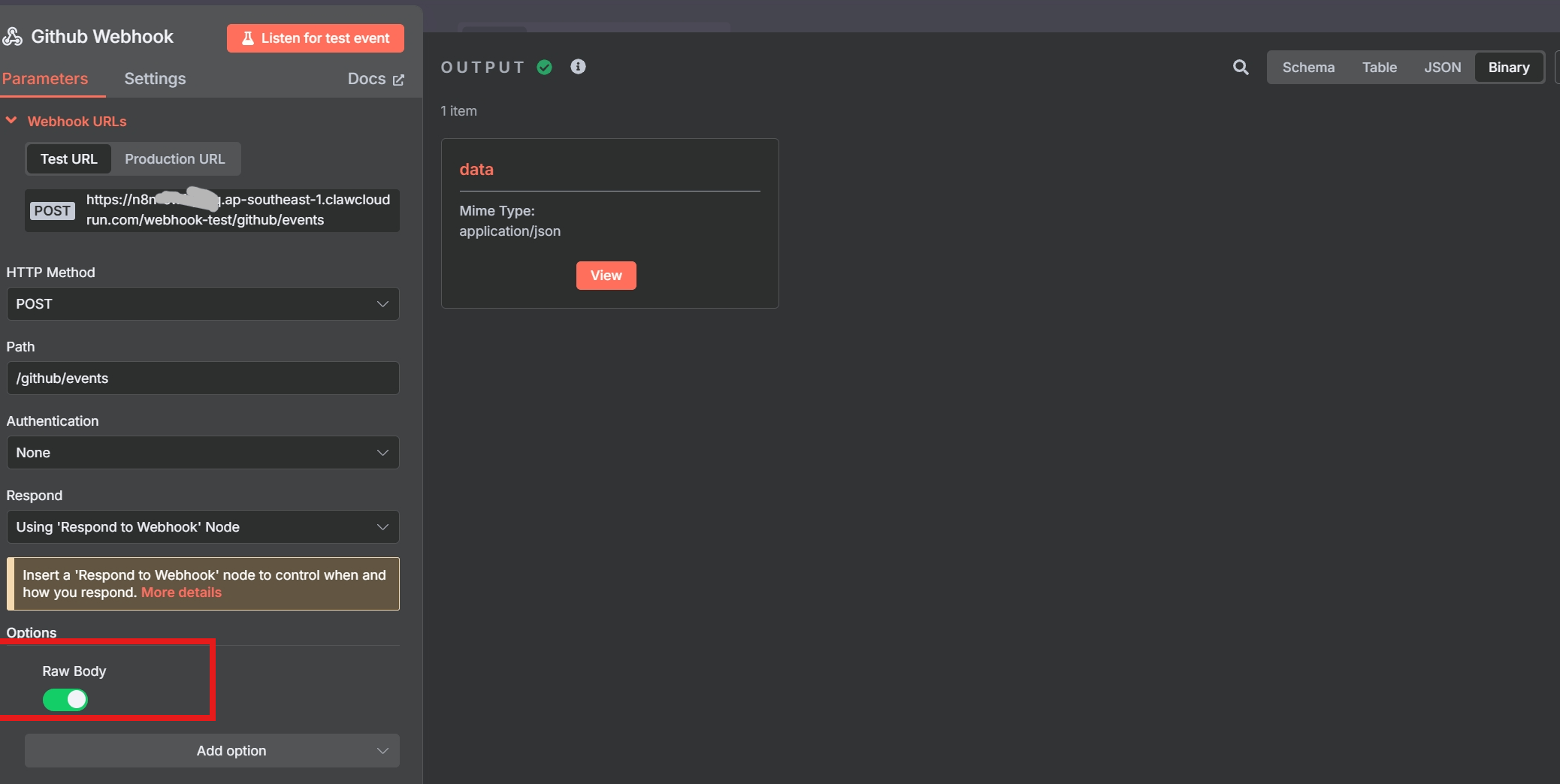 GitHub webhook settings in n8n.