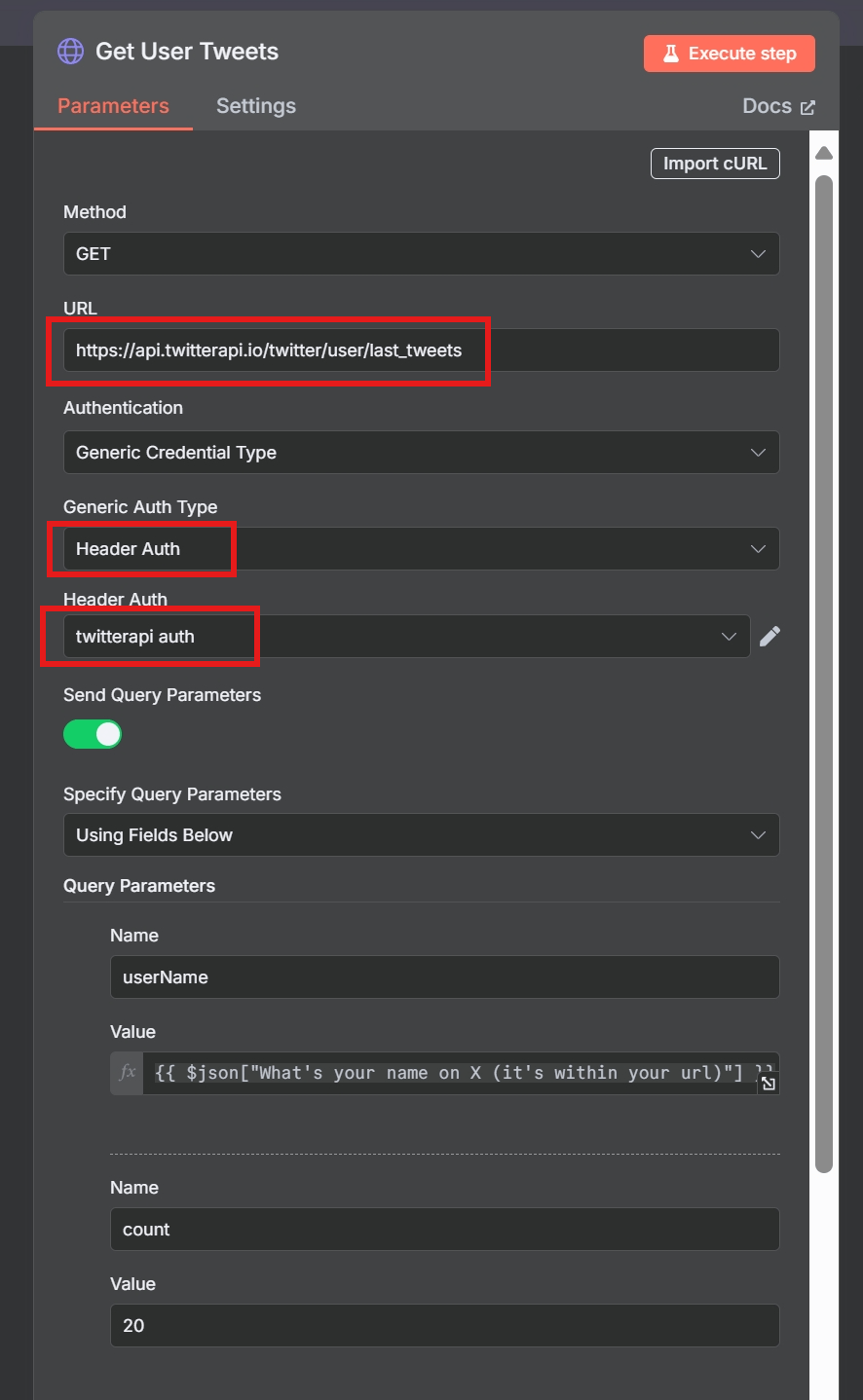 HTTP Request node settings in n8n for twitterapi.io