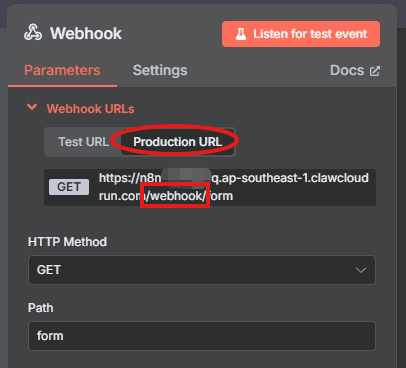 Production URL in n8n Webhook Node