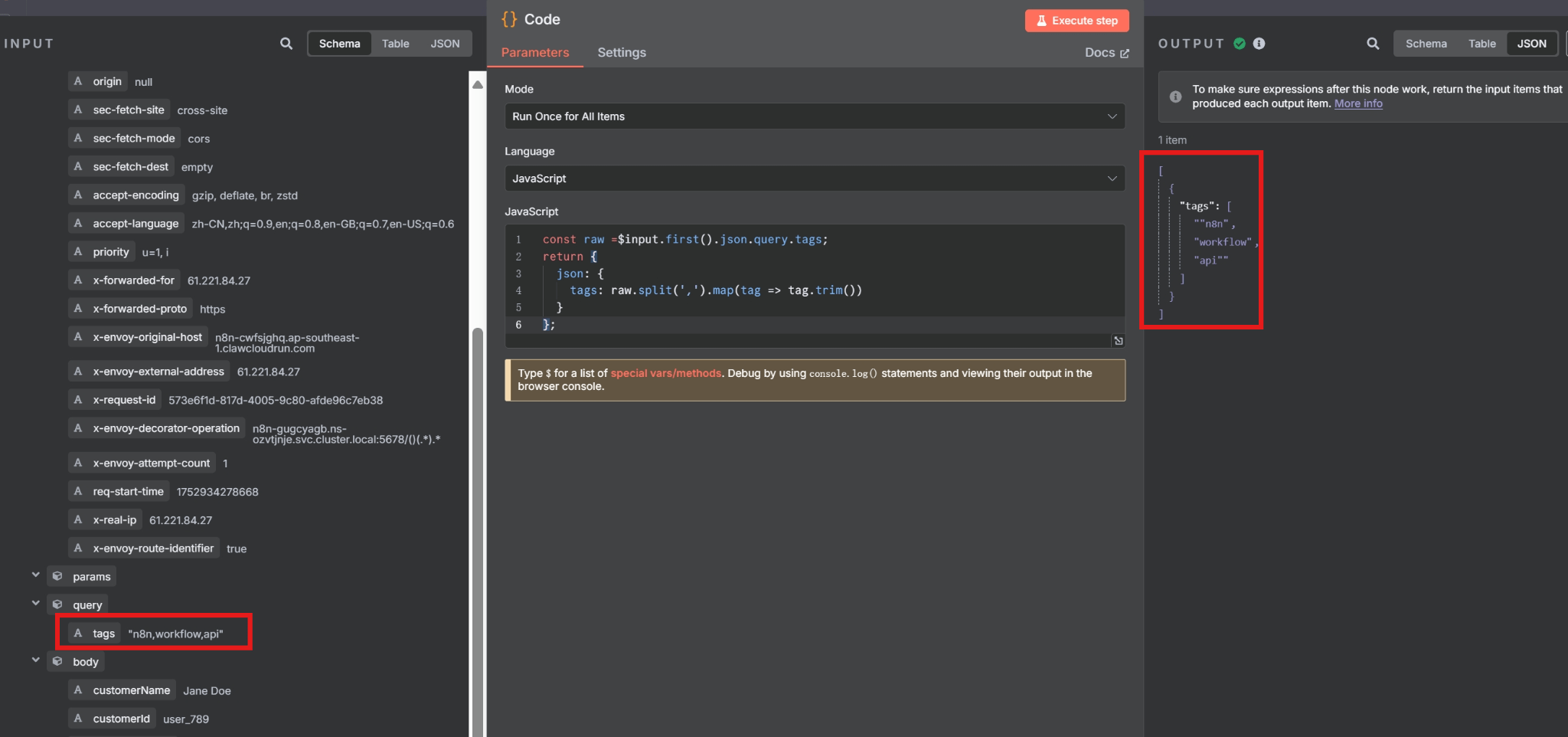 Using the Code node to parse query parameters
