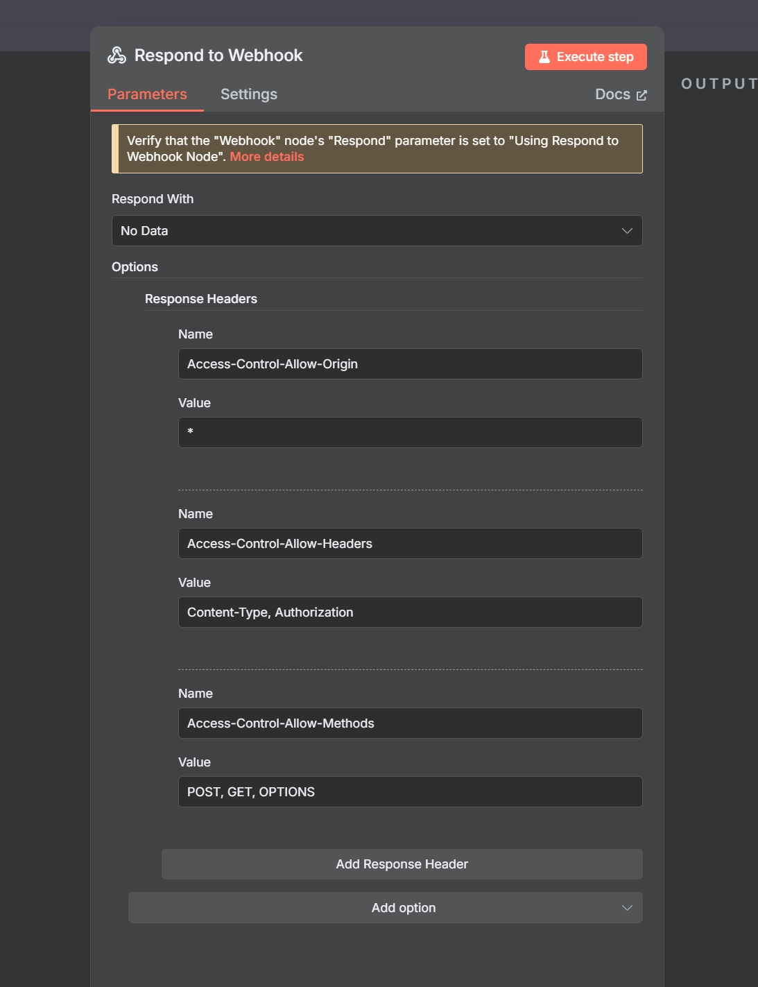 Configuring CORS headers in the Respond to Webhook node.