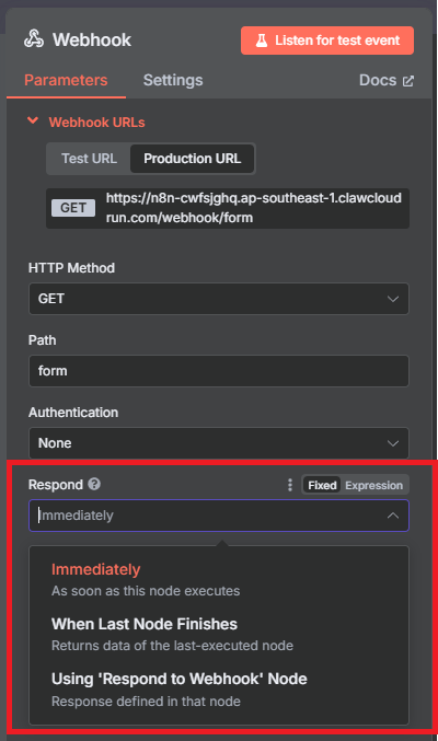 Response mode options in the Webhook node