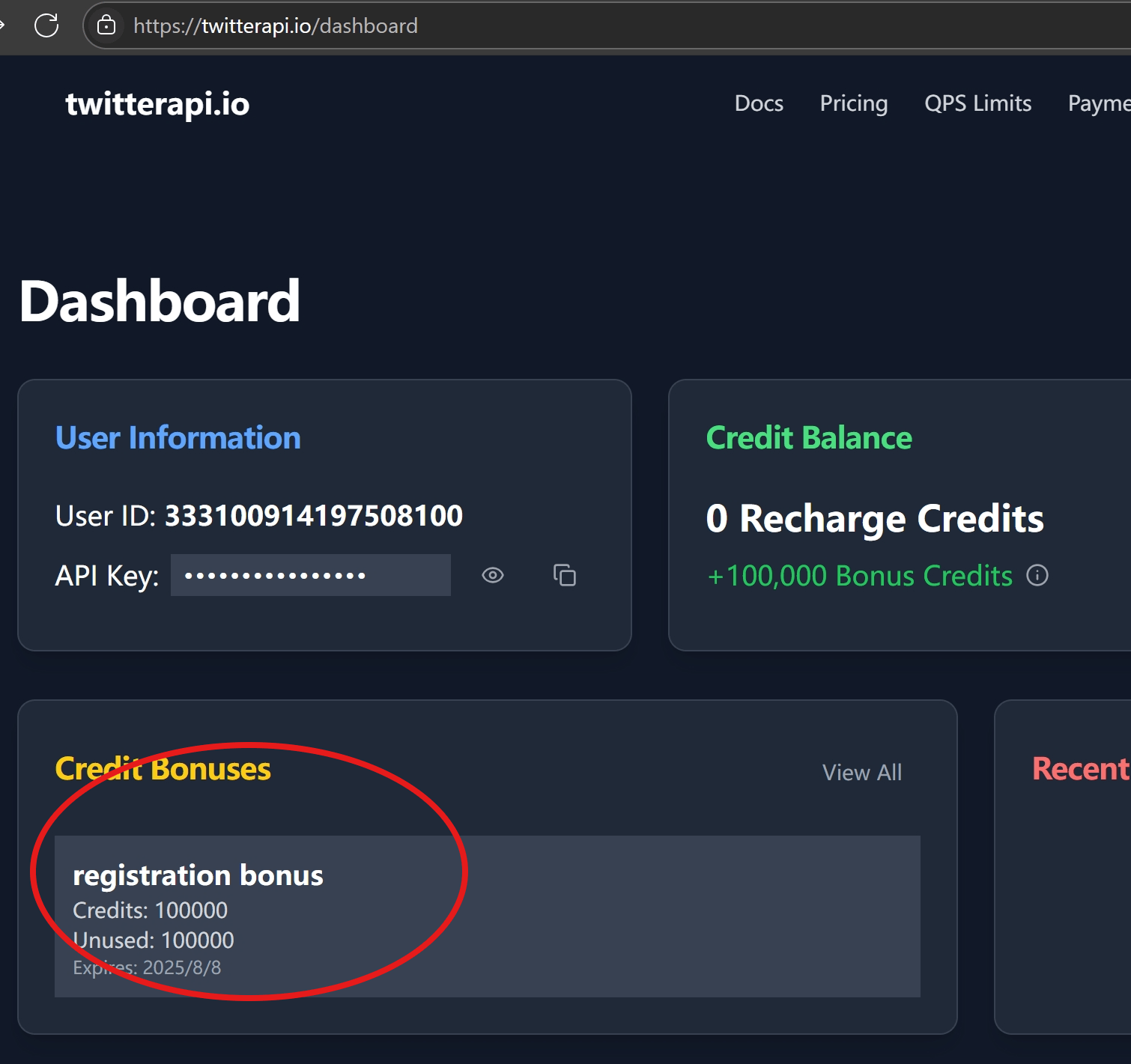 twitterapi.io dashboard with registration bonus