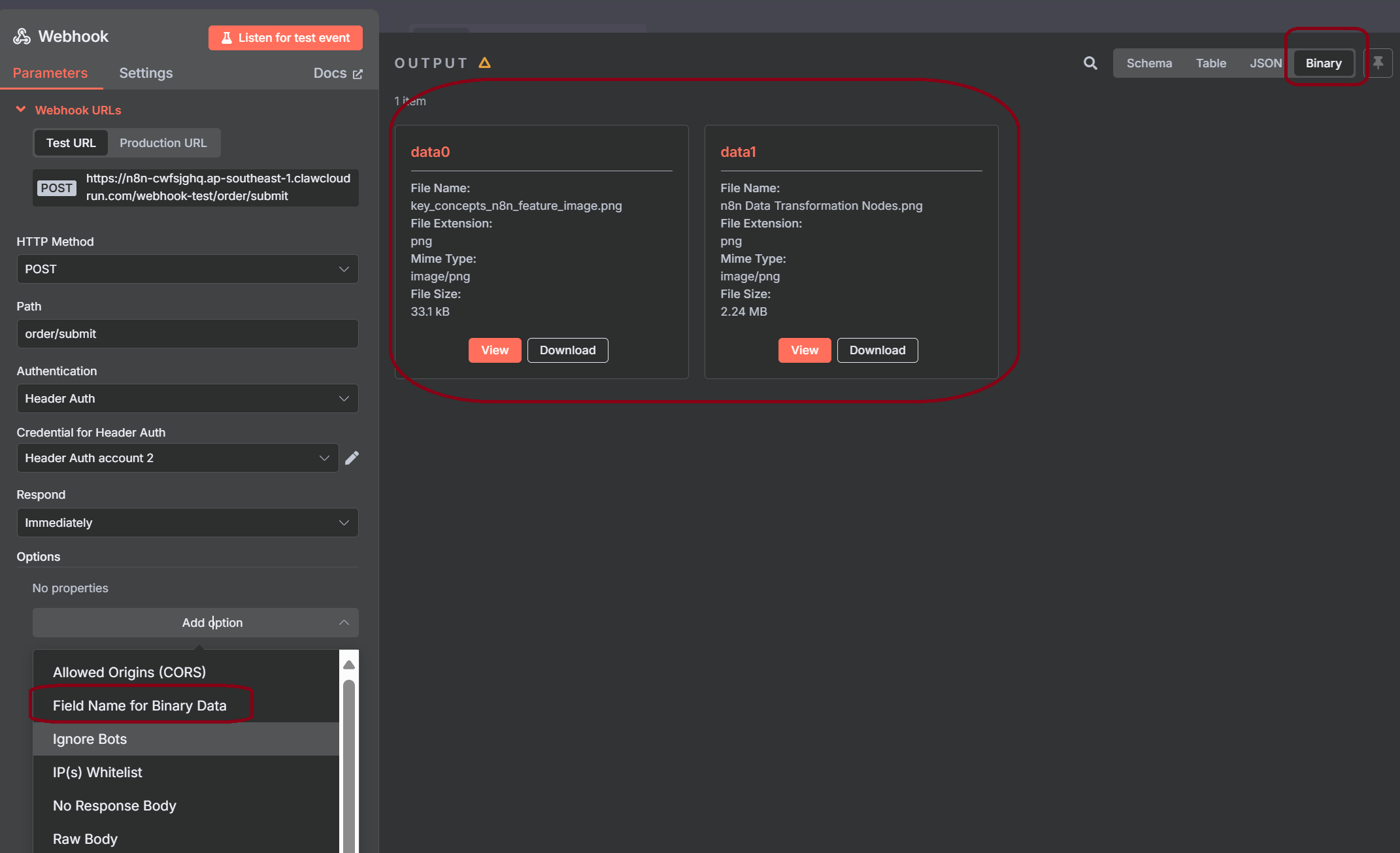 Enabling binary data processing in the Webhook node