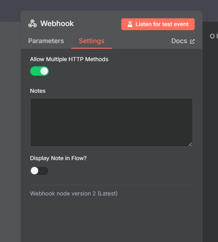 Enabling multiple HTTP methods in Webhook node settings.
