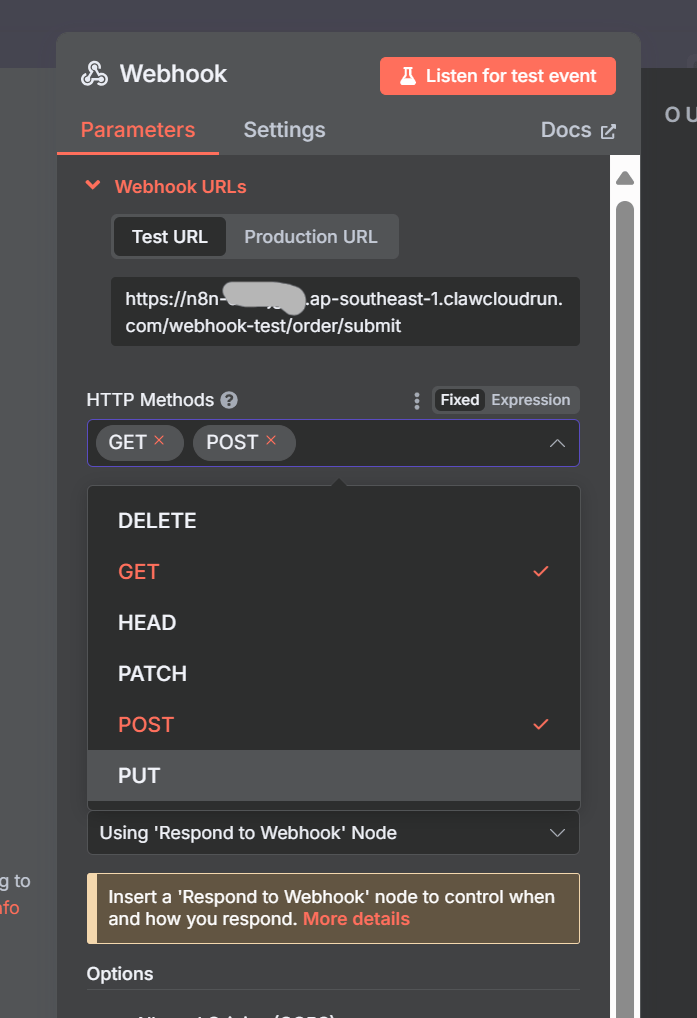 Selecting multiple HTTP methods in the Webhook node.