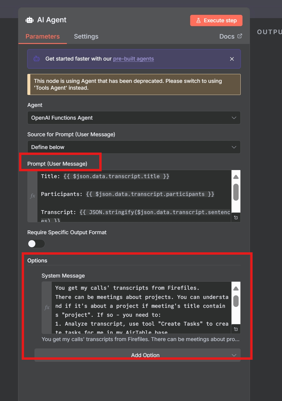 A screenshot of the n8n AI Agent node settings, highlighting the Prompt (User Message) and System Message fields.