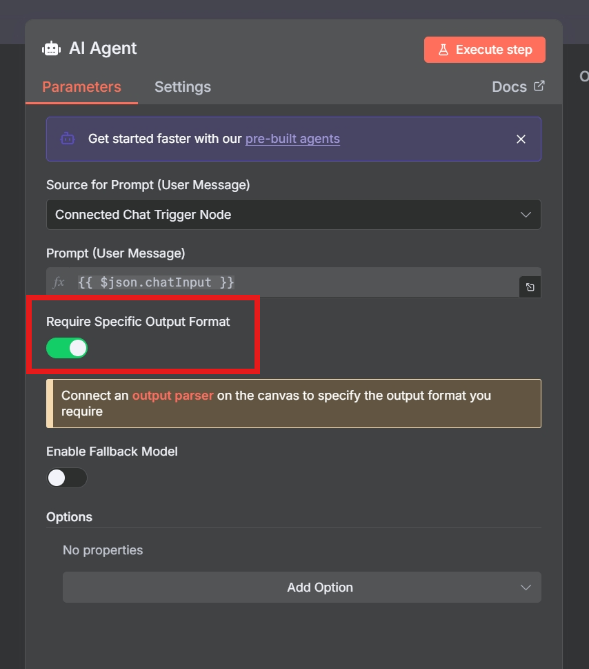 A screenshot of the n8n AI Agent node with the 'Require Specific Output Format' toggle enabled.