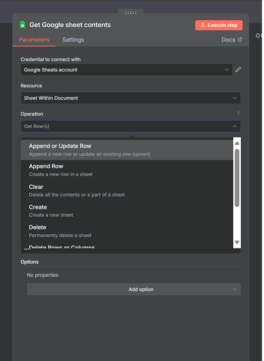 Screenshot of the n8n Google Sheets node showing the various operations available.
