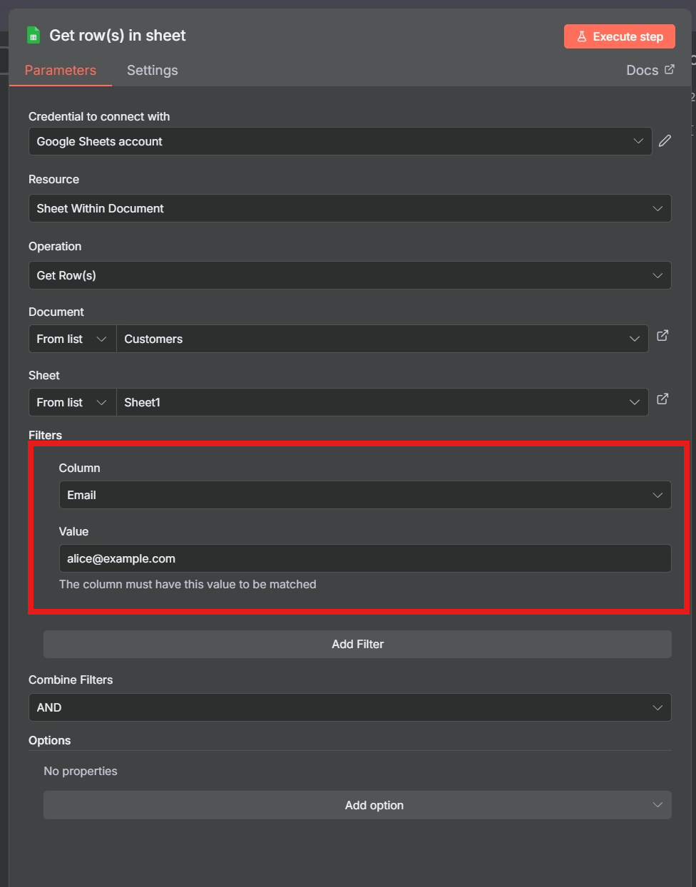 Screenshot of the Get row(s) operation in n8n, filtering by an email address.