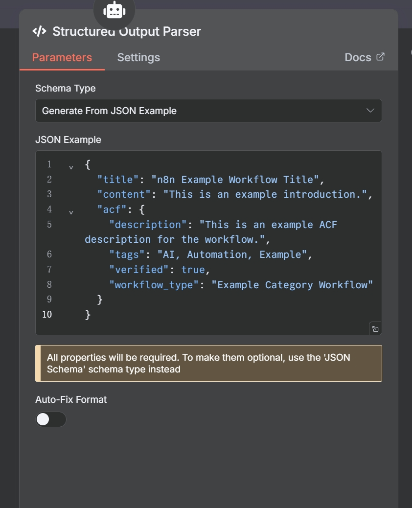 A screenshot of the n8n Structured Output Parser node with a JSON schema pasted into the settings panel.