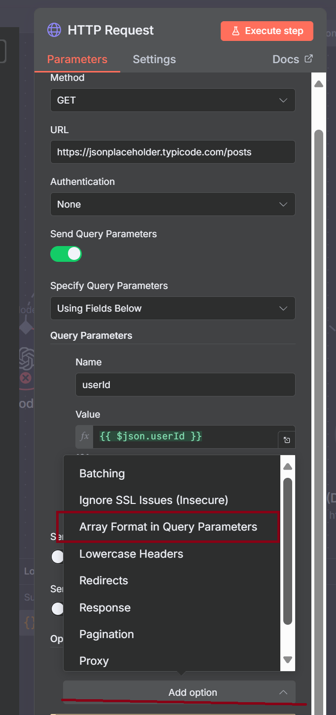 Finding the Array Format option in n8n