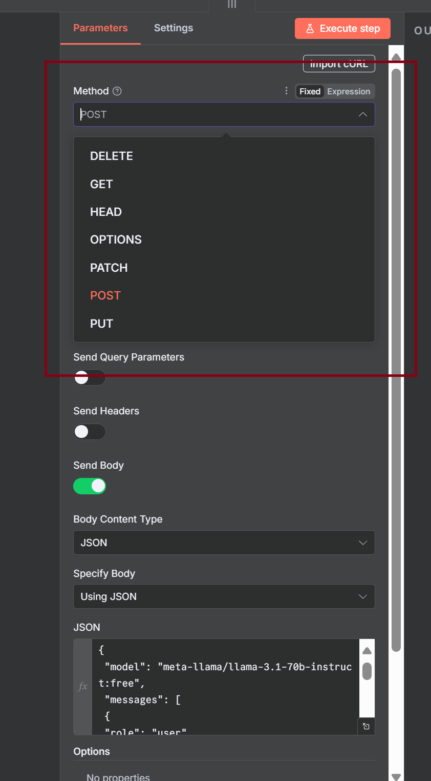 HTTP Request method choices in n8n