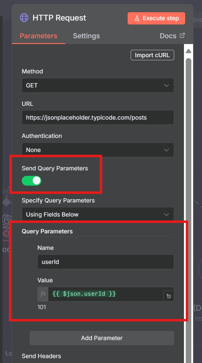 Sending query parameters with the HTTP Request node
