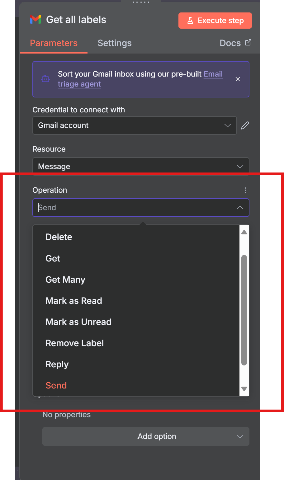 Gmail Action Node Operation selection for the Message resource.