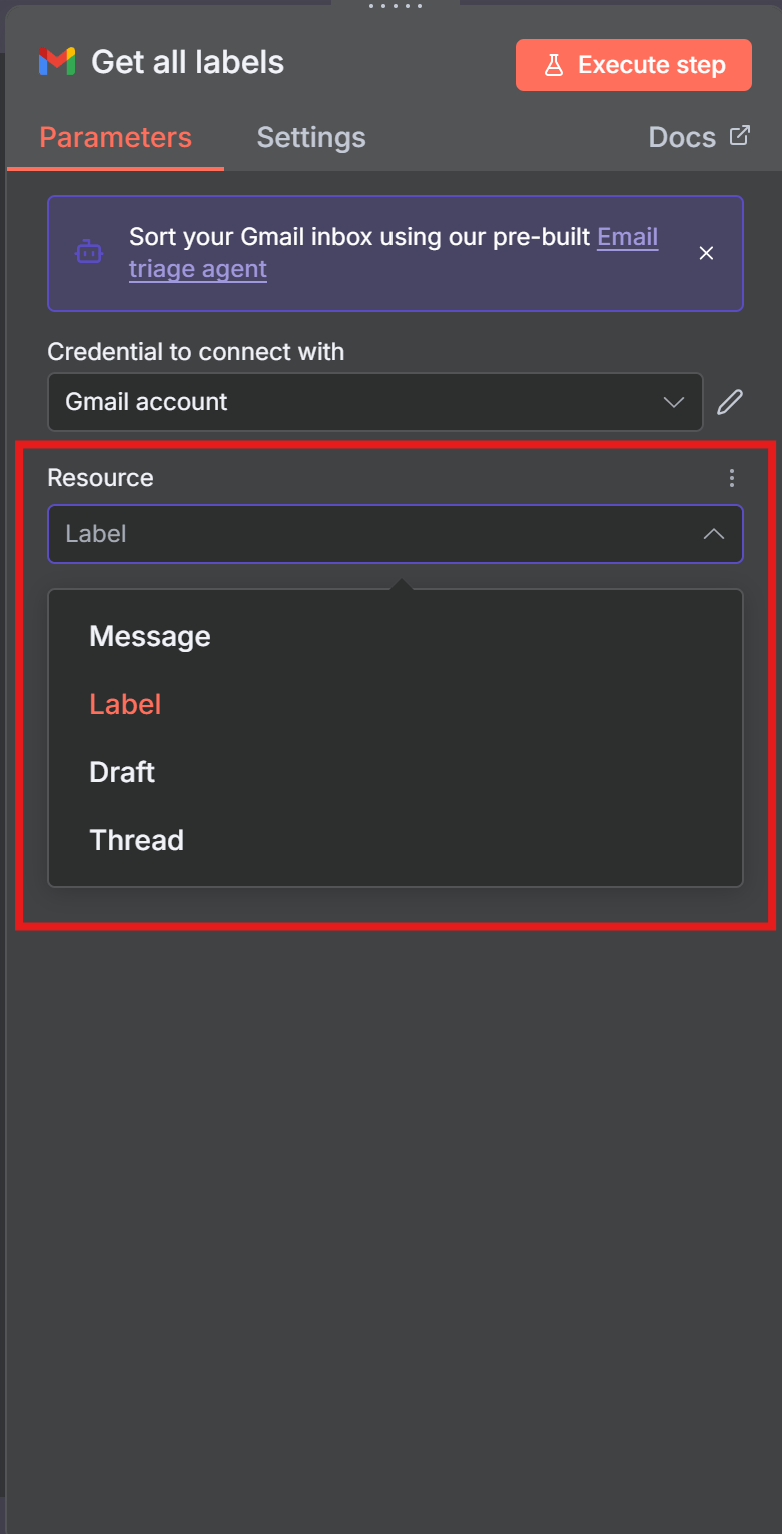 Gmail Action Node Resource selection dropdown.