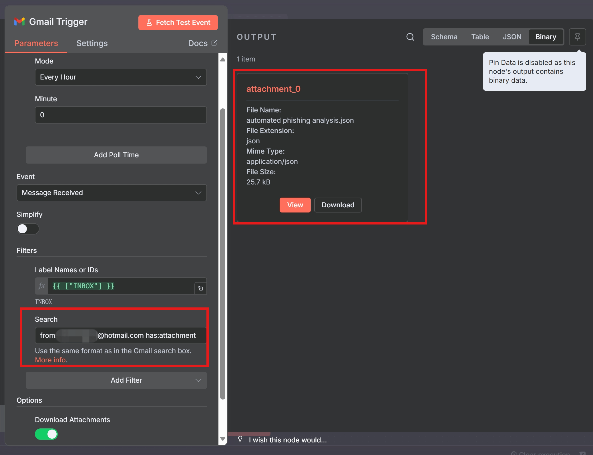 Gmail Trigger node parameters in n8n.