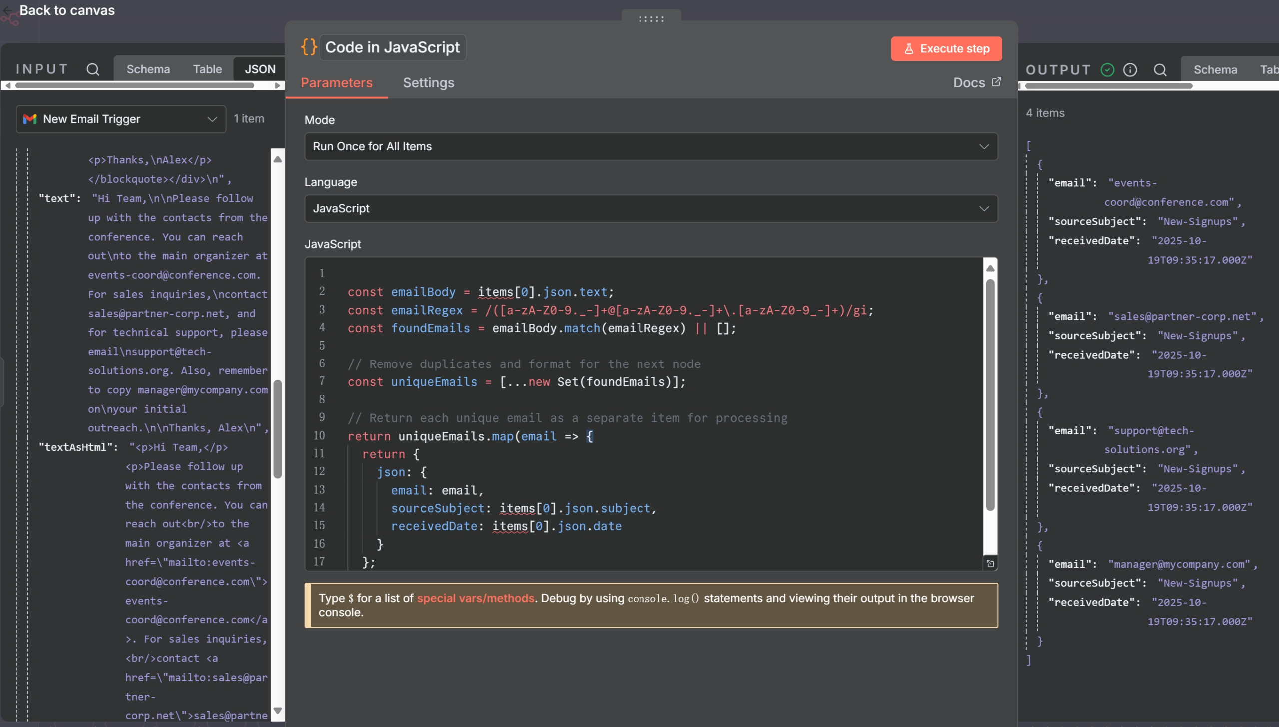 n8n Function node using regex to extract emails.