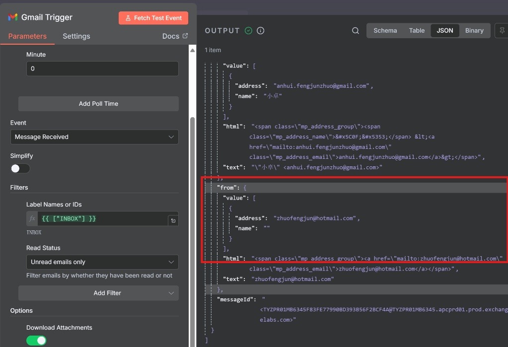 Gmail Trigger JSON output showing the 'from' object.