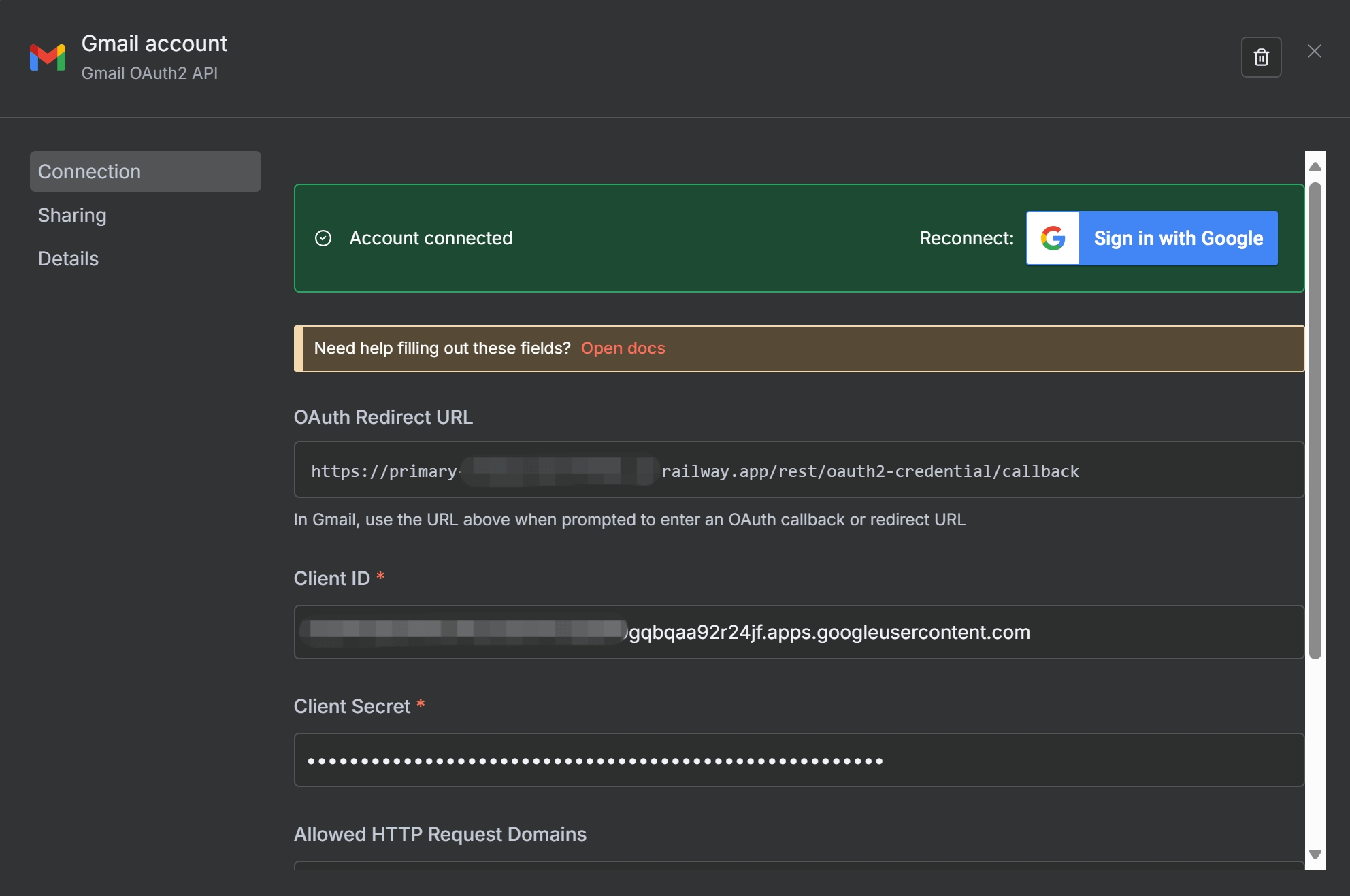 Successful Gmail connection in n8n.