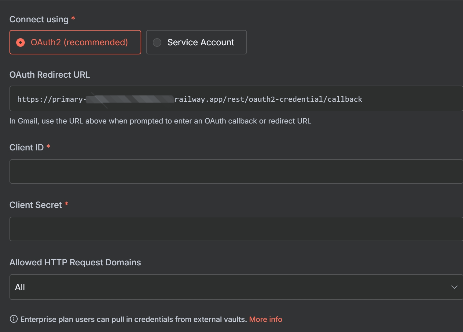 n8n credentials screen showing the OAuth Redirect URL field.